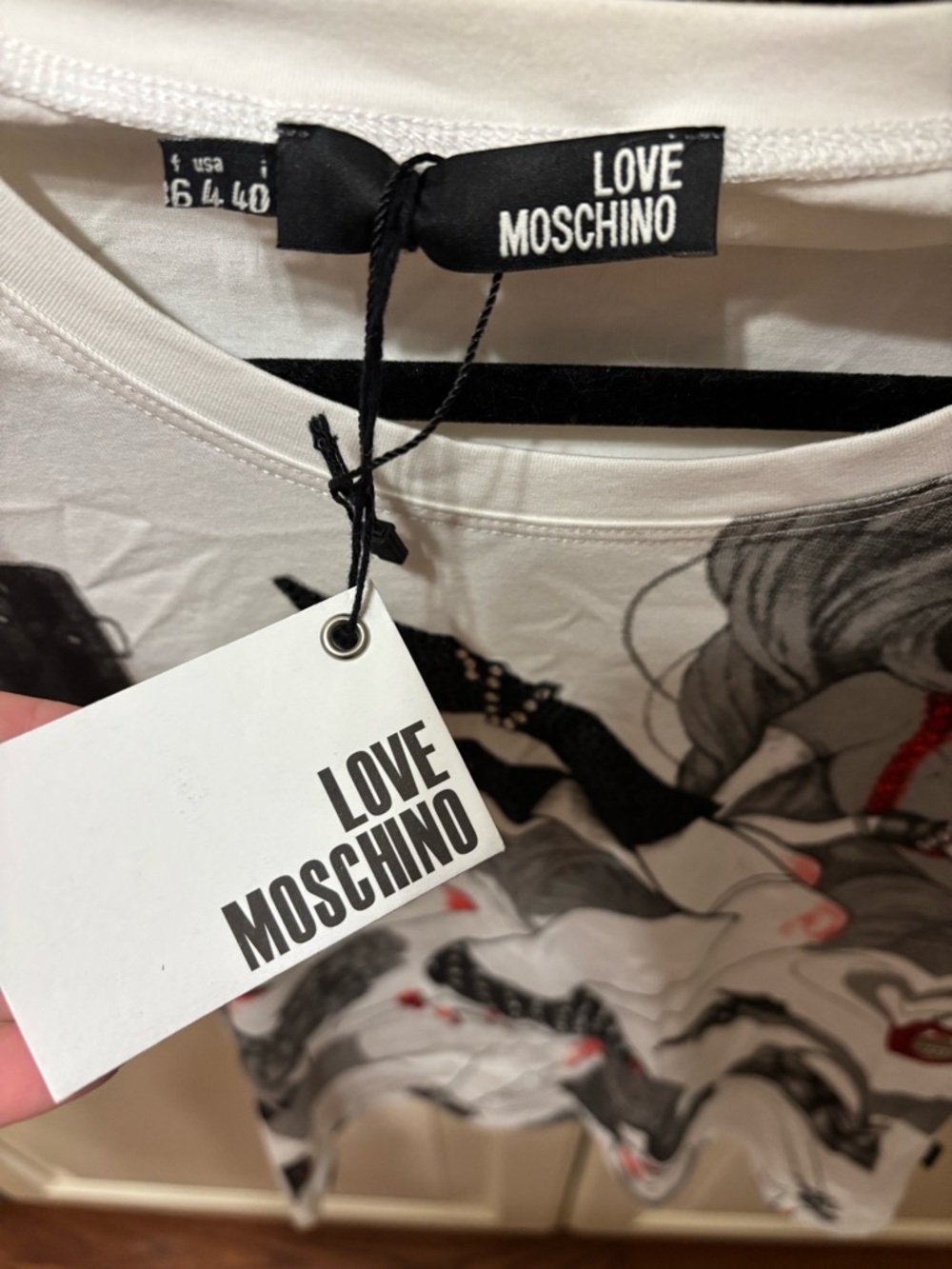 Moschino White Graphic Short Sleeve Tee with Red Accents - Picture 4 of 5